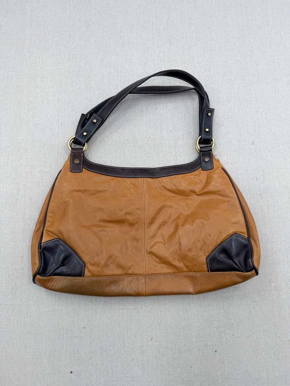 Franco Sarto Leather Shoulder Bag in Cognac with Dark Brown Trim